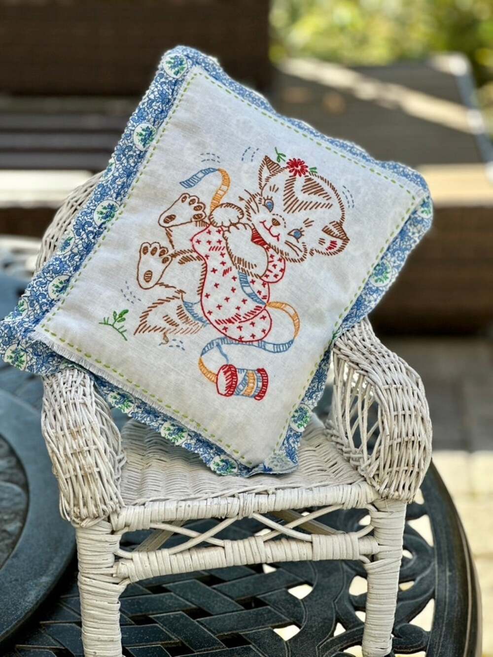 Handmade Vintage Embroidered Kitten Ribbon Linen Pillow Cottagecore 9.5x12